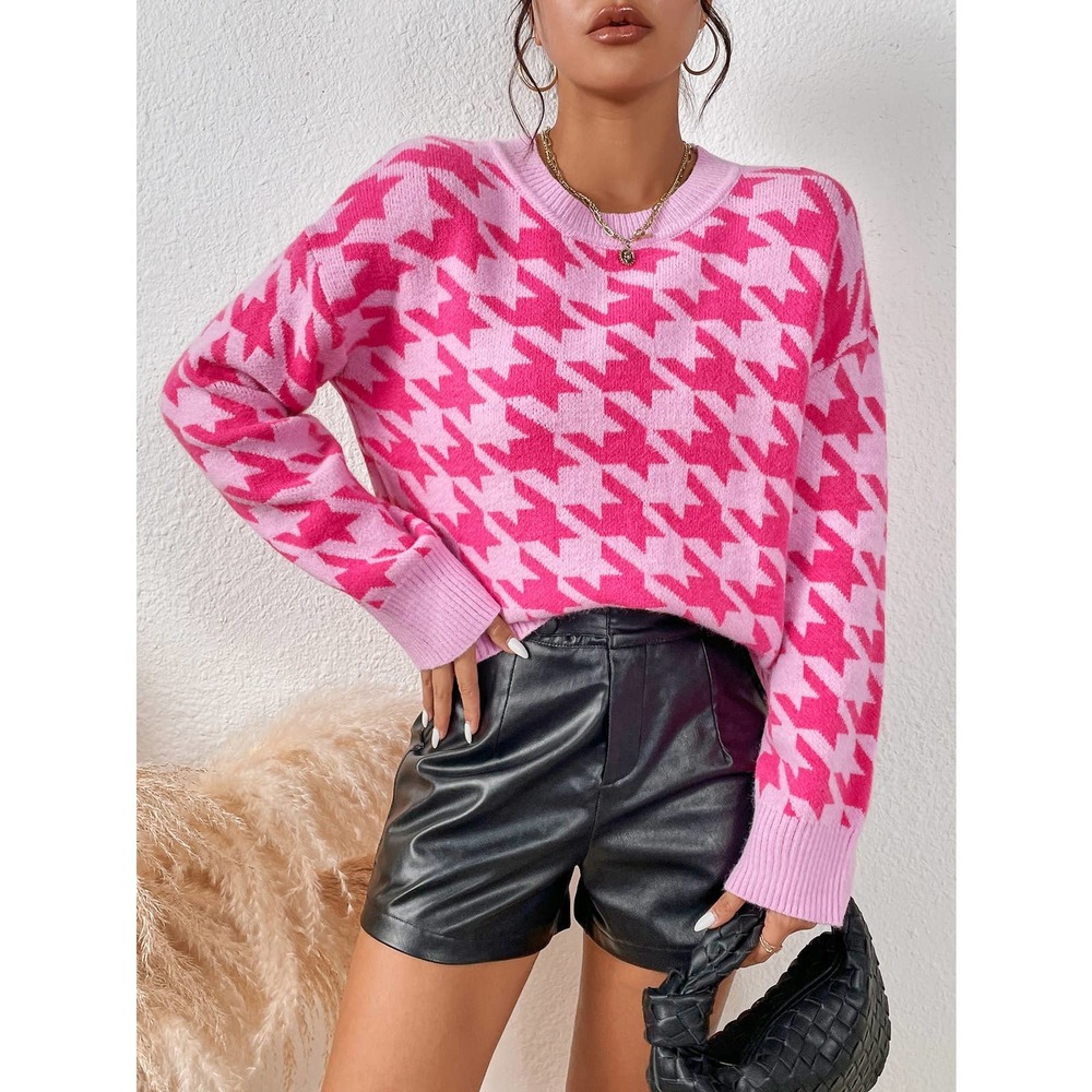 Houndstooth Pattern Drop Shoulder Sweater hot pink preppy y2k - Picture 3 of 6